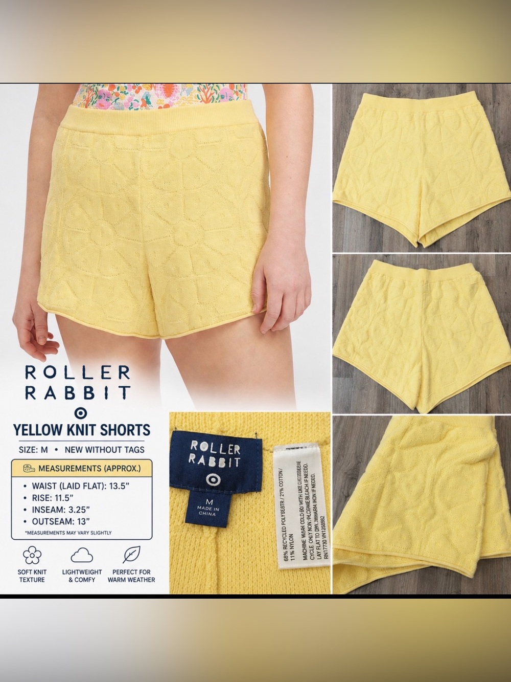 Roller Rabbit Yellow Textured Knit Shorts – Size Medium – NWOT